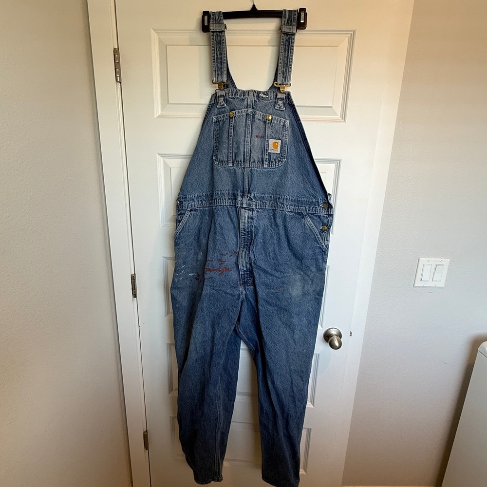 Carhartt Overalls Men's 48x32 Blue Denim Bib Workwear Utility Pockets Heavy Duty